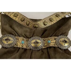 Kathy Van Zeeland Western Viking Belted Hobo Shoulder Bag - Olive Green And Gold